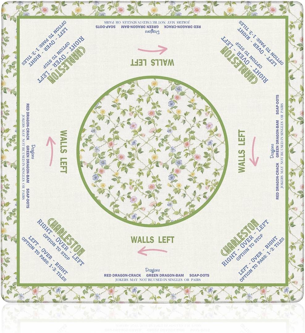 Cottagecore Green Floral Mahjong Mat 31.5 x 31.5 in, Rustic Pastel Green Wildflower Anti Slip and Noise Reduction Game Table Cover for Mahjong Dominoes Card Board Tile Games, 31.531.5