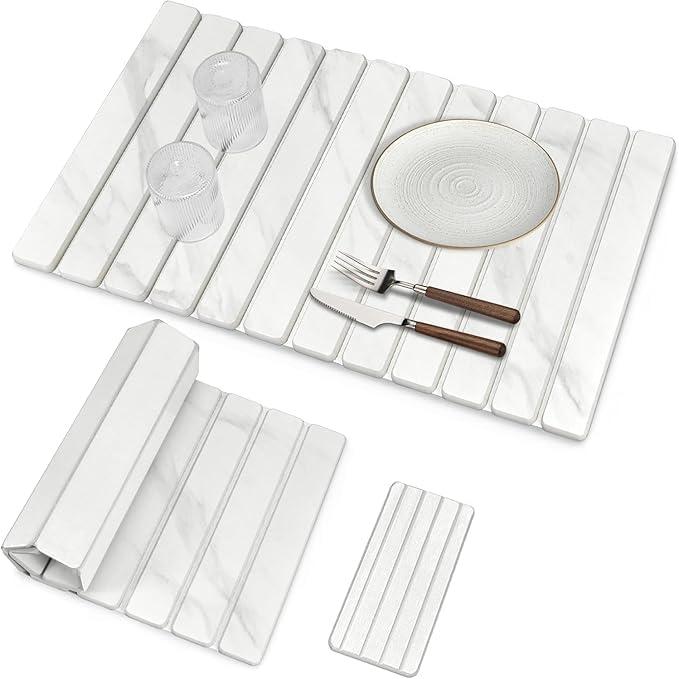 2 PCS Extra Large Stone Dish Drying Mat for Kitchen Counter, Foldable Quick Drying Dish Mats, Super Absorbent Drying Pad, Kitchen Counter Mats for Cups, Dishes, Bottles (White Marble 28"16" & 8"x4")