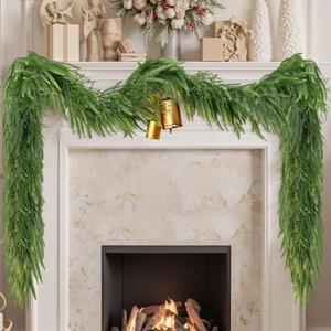 12 Ft Norfolk Pine Garland, Christmas Garland with Lights, Real Touch Realistic Greenery Cedar Garland for Mantle Table Indoor Outdoor Christmas Decorations