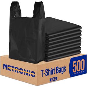 METRONIC 500 Count Black Plastic T-shirt Bags with Handle, 11.5 x 6.5 x 21 Plastic Carry Bags for Retail, Supermarket, Grocery Shopping Bag for Packaging, Takeout, Trash, Convenience Stores, in Bulk