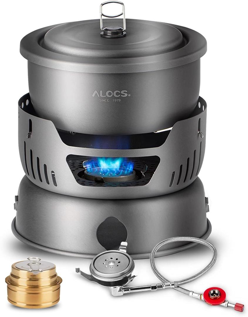 ALOCS Camping Cookware - 11 Piece Lightweight Camp Cooking Set with Portable Camping Stove & Gas Stove Burner - Durable Compact Camping Pot for Hiking Car Camping Vanlife RV