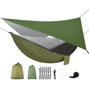 Camping Hammock with Rain Fly Tarp and Mosquito Net Tent Tree Straps, Portable Single Double Nylon Parachute Hammock Rainfly Set for Backpacking Hiking Travel Yard Outdoor Activities Green