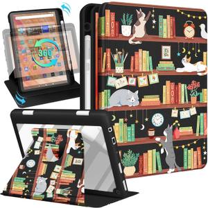 Kidcube for Kindle Fire HD 10/10 Plus Tablet Case - 13th/11th Generation (2023/2021) 10.1" Women Girls Cute Girly Cat Design TeensRotating Stand Pencil Holder Folio Cases for Amazon Fire HD 10/10 Plus (6-Cat Bookshelf)