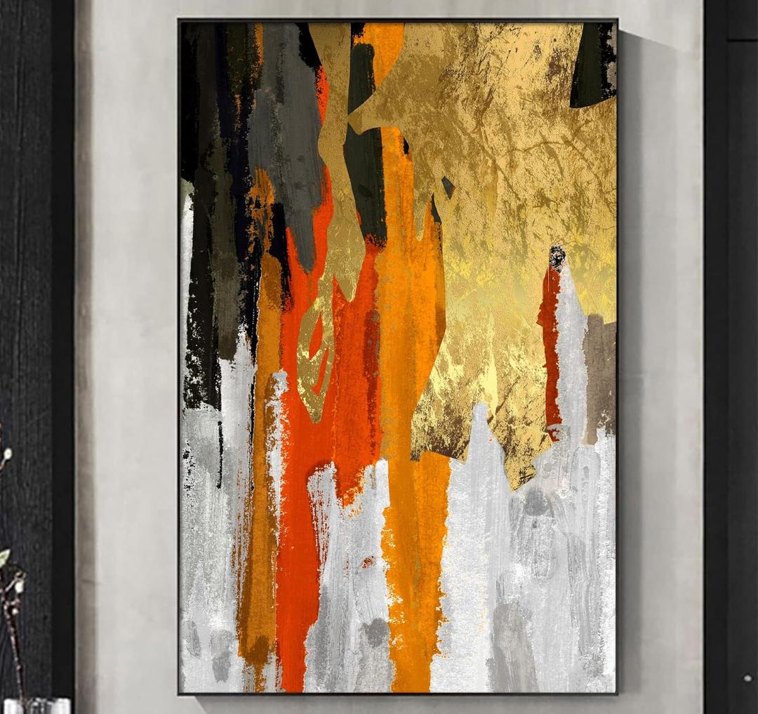 Orange and Gray Abstract Canvas Wall Art - Black Gold Painting for Living Room Decor - Red Art Prints Pictures for Wall Decor 16x24inch No Frame (16L" x 24W")