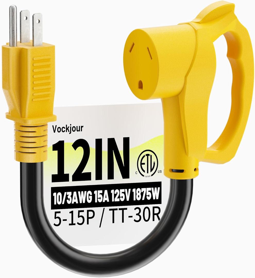 30 Amp to 110 Rv Adapter 3 Prong 12 Inch, NEMA 5-15P Male to NEMA TT-30R Female, Heavy Duty RV Electrical Adapter Cord for Camper, STW 10AWG 15A 125V 1875W, Yellow, ETL Listed