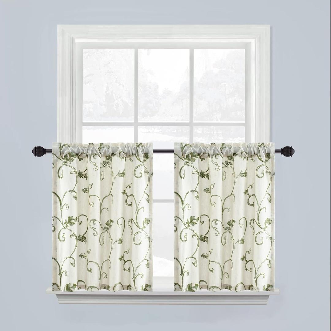 VOGOL 30 Inch Length Linen Kitchen Curtains, Green Vines Embroidered Botanical Tier Curtain Set, Light Filtering Tier Curtains for Bathroom Basement Cafe, Rod Pocket, 2 Panels