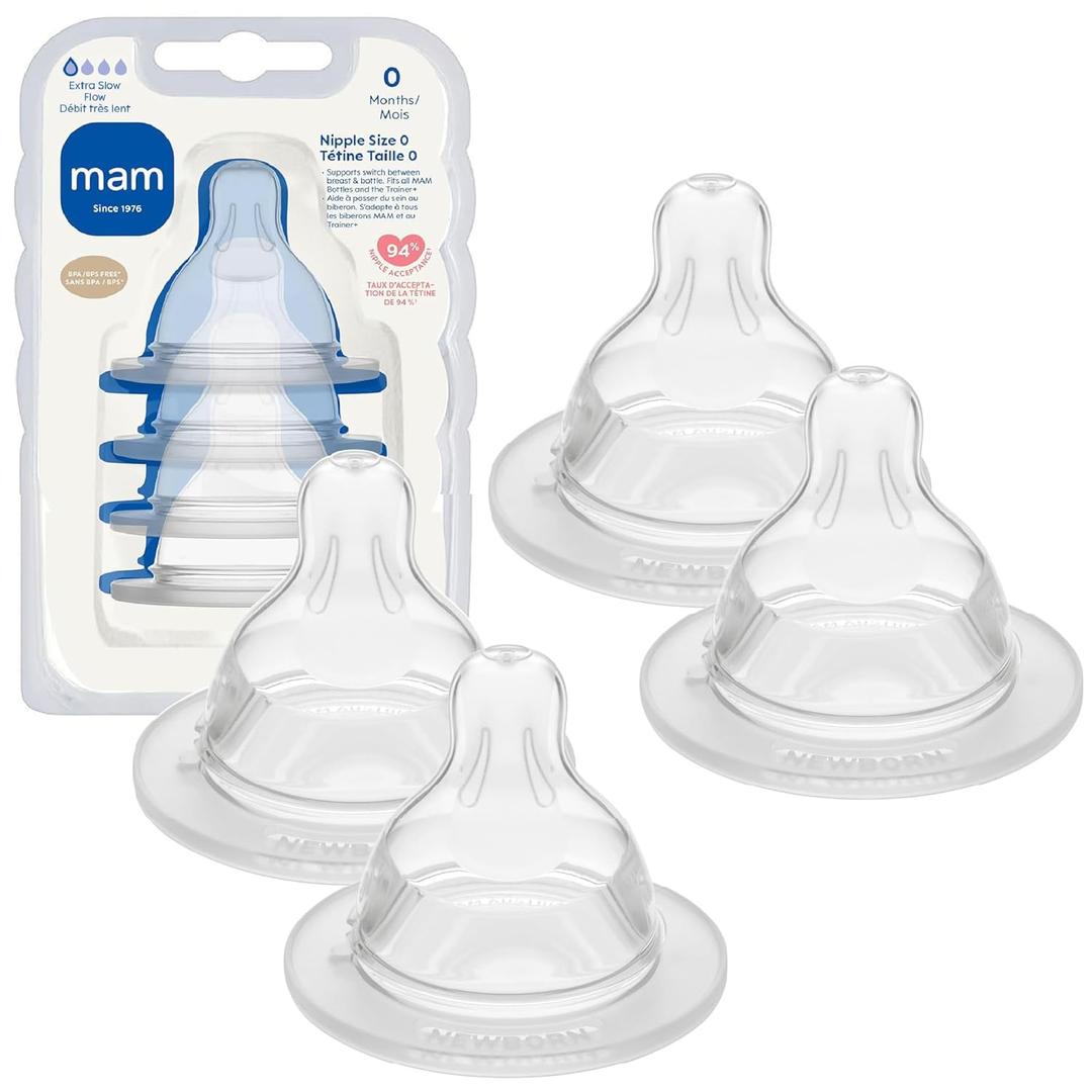 MAM Baby Bottle Nipples Extra Slow Flow Size 0, for 0+ Month Newborn Babies, Skin Soft BPA Free Silicone, 94% Nipple Acceptance, Fits All MAM Bottles, Developed with Medical Experts, Made in Europe (4 Count (Pack of 1))