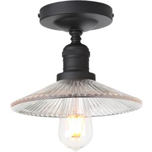 Industrial Semi Flush Mount Ceiling Light, Clear Striped Glass Lamp Shade Pendant Light Fixture, 1-Light Close to Ceiling Light Fixture for Hallway, Entryway, Kitchen, Bedroom (Black)
