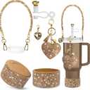 6PCS Diamond Glitter Stanley Cup Accessories Set 30&40 Oz, Includes 1 Diamond Silicone Boot, 1 Diamond Handle Strap, 1 Straw Covers,1 Straw Adapters Charm Blank with 2 Glitter Charms (Gold)