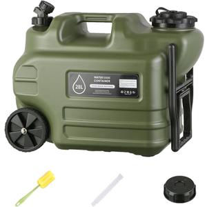 7.4 Gallon Water Jug, 28L Portable Water Container with Wheel & Pull Handl, Spigot, Cleaning Brush, Detachable Hose & Extra Lid, BPA-Free Camping Hydration Canteen, Outdoor Tank Storage PE - Green