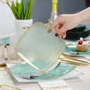 64 Pack Green Plastic Plates, Square Disposable Plate With Gold Rim Heavy Duty Party Dishes 32 Dinner Plates and 32 Dessert/Salad Plates For Wedding, Birthday