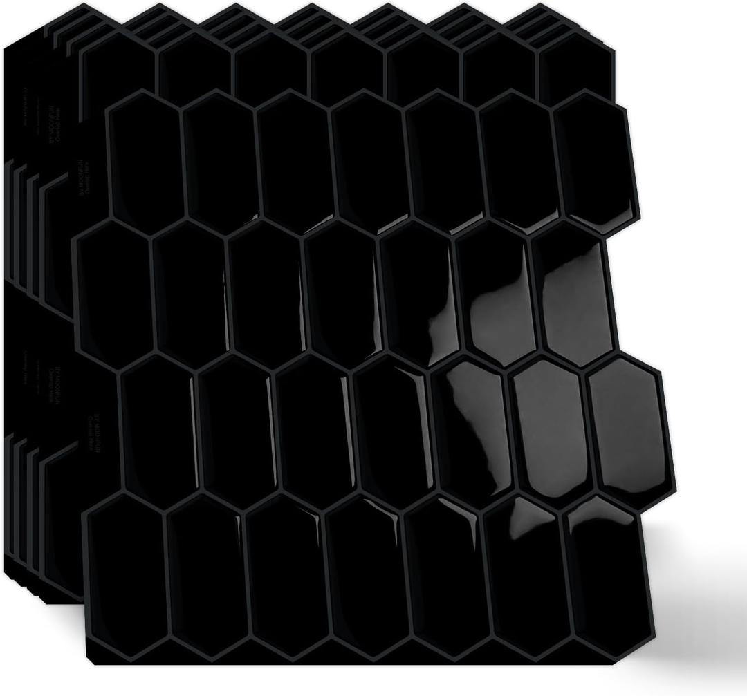 10-Sheet Long Hexagon Peel and Stick Kitchen Backsplash Tiles, 3D Waterproof Self-Adhesive Wall Tile Stick on Backsplash for Kitchen, Bathroom, Fireplace, RV(Black, 12"×12")