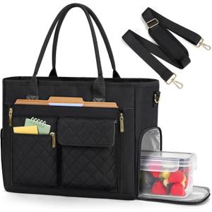 RAINSMORE Teacher Tote Bag with Insulated Lunch Compartment 15.6 inch Laptop Bag for Women Lightweight Work Bags Nurse Bags (Black)
