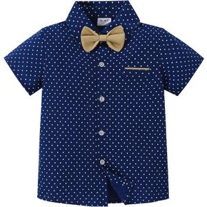 YALLET Boys Button Down Shirts Short Sleeve Wedding Outfits Polka Dot Print Summer Casual Clothes with Bow Tie 5-10T (7-8 Years, Navy Blue)