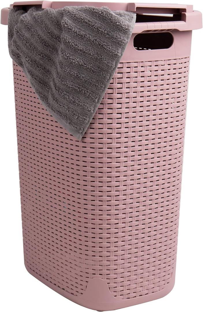 Mind Reader Slim Laundry Hamper with Lid, 60L Tall Clothes Basket, Narrow Tapered Design for Bathrooms, Closets and Laundry Rooms, Plastic, Pink (1 Piece)
