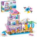 955 Pcs Friends Seaside Villa Building Set, Beach House Building Block Toys, STEM Creative Vacation Hut Brick Kit with Helicopter,Sailboat,Yacht,Birthday Gifts for Kids Girls Boys Age 6-12+