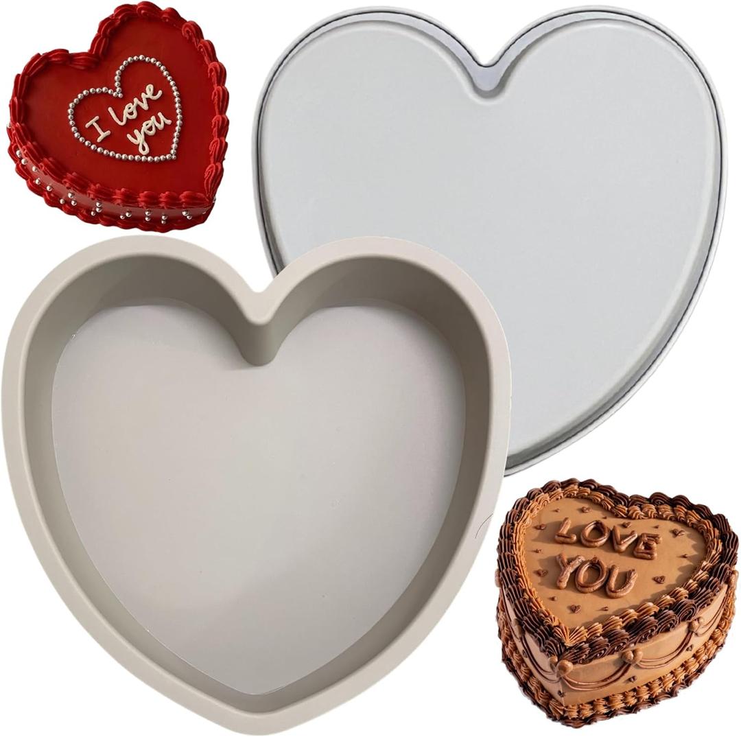 Heart Shaped Cake Pans 8 Inch  Set of 2 Nonstick Silicone Heart Cake Pan for Baking, Oven & Microwave Safe Molds  Durable, Easy-Clean Matte Surface - Grade Novelty Shaped Cake Pans (Gray)
