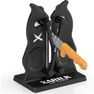 Edge Kitchen Knife Sharpener  Pull-Through Manual Sharpener with Spring Arms  Tungsten Carbide, Self-Adjusting Angle, Fast Edge Repair for Kitchen, Outdoor, and EDC Knives (Black)