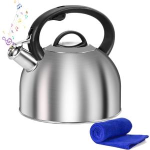 Foedo Whistling Stovetop Tea Kettle, 3L Food-Grade 304 Stainless Steel Teapot, Ergonomic Handle,Hot Water Quick Boil,All Metal Stove Kettle Rust Resistant and Durable,With Anti-Scald Towel(Silver)