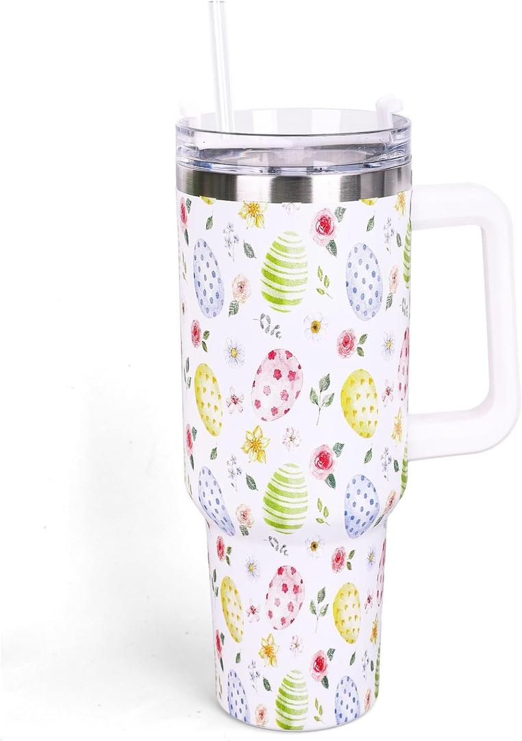 Whaline 40oz Easter Tumbler with Handle Straw and Lid Watercolor Egg Floral Travel Tumbler Spring Flower Coffee Cup for Holiday Birthday Party Favors