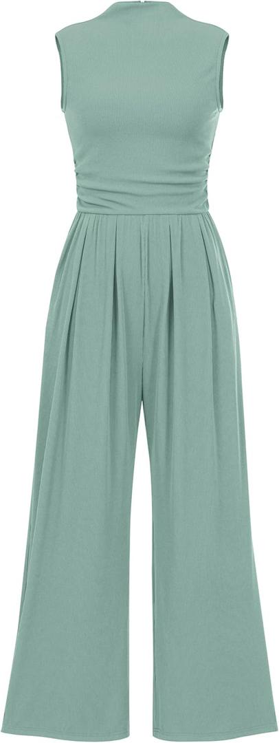 PRETTYGARDEN Womens Summer Jumpsuits Dressy Casual One Piece Outfits Sleeveless Mock Neck Wide Leg Pants Rompers with Pockets (Large, Fruit Green)