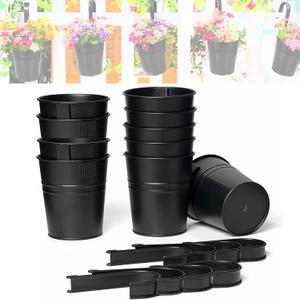Set of 10 Hanging Flower Pots with Detachable Hook, 4 Inch Hanging Flower Pots with Drain Holes Balcony Planters Iron Buckets Planter for Patio Outdoor Garden Decor (Black)