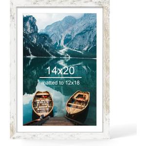 Hongkee 14x20 Picture Frame, Distressed White Wood Style - Display Posters 12 x 18 with Mat or 14x20 without Mat, Wall Mounting Horizontal and Vertical, 1 Pack