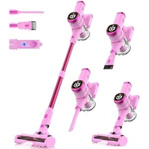 Tikom V500 Cordless Vacuum Cleaner for Home, 40000Pa/450W Stick Vacuum with LED Touch Screen, Charging Wall Dock, Anti-Tangle, Lightweight Handheld Vacuum for Pet Hair, Hard Floor, Carpet (Pink)