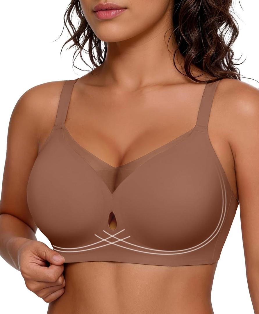 Popilush Wireless Bras for Women - Push Up Full Coverage Seamless Supportive Bra No Underwire Mesh Crossover T-Shirt Bralette (Brown, Large)