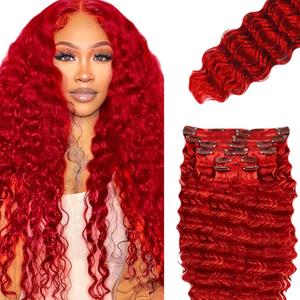RED Deep Wave Clip in Hair Extensions,Soft Real Human Hair 120g 7pcs,24 Inch Brazilian Remy Wine Red Clip ins for Women,RED Curly Clip ins Silky Hair Extensions