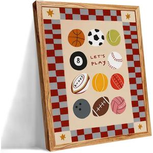Framed Let's Play Sports Balls Canvas Wall Art 08x10 inch Vintage Checkered Sports Themed Poster Trendy Kids Room Decor for Nursery Bedroom Playroom