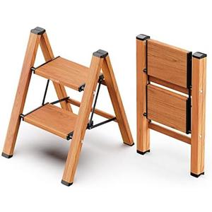 MIDOLI 2 Step Ladder Folding Step Stool with Anti-Slip Sturdy and Wide Pedal, Lightweight 330lbs Portable Aluminum Woodgrain Shelf for Household and Kitchen Space Saving