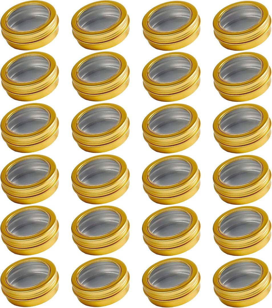 Art Secret 24 Pack 2 Ounce Screw Top Aluminum Tin Jar with Screw Clear Lid and Blank Labels, Refillable 60ml Metal Containers for Lip Balms, Candles, Salves, Spices, Crafts (Gold)