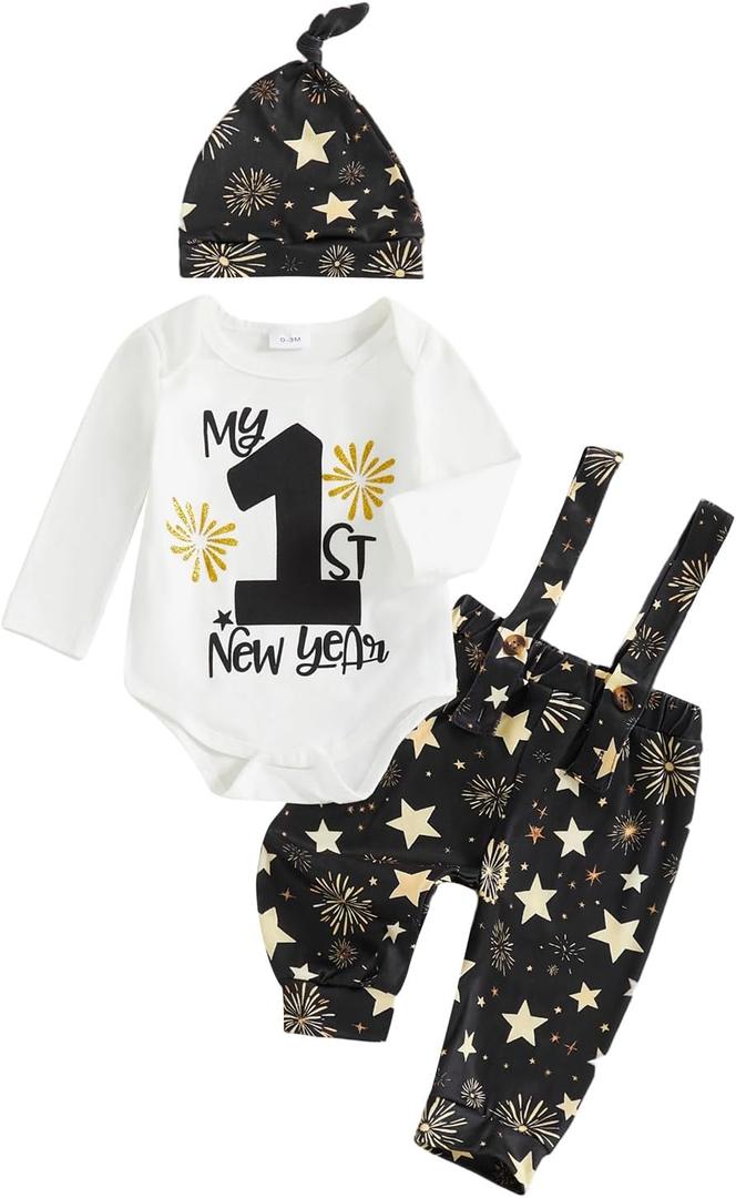 BeQeuewll Newborn Baby Boy Mardi Gras Outfit Letters Print Romper Striped Suspender Pants Overalls 3pcs Carnival Clothes Set  9-12M