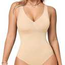 Nebility Shapewear Bodysuit for Women - Tummy Control Body Suits V Neck Body Shaper Sculpting Snatched Waist Trainer (S, Beige)