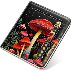 Small Wallet Women, Cute Credit Card Holder for Women, Leather Billfold Slim Card Holder Wallets for Travel, Thin Bifold Pocket Mini Coin Purse, Mushrooms