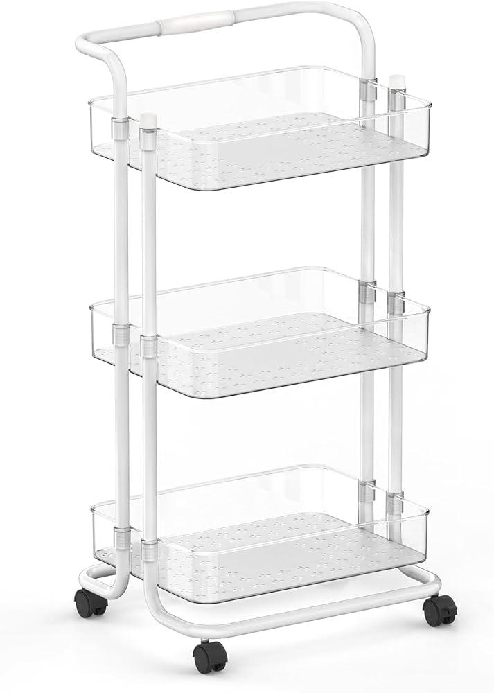 3-Tier Plastic Rolling Utility Cart Organizer with Handle, Multi-Functional Storage Trolley with Lockable Wheels & Reinforced Handle, for Nursery, Office, Living Room, Bathroom, Kitchen(Clear)