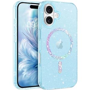 BENTOBEN Magnetic for iPhone 16 Plus Case, Clear Crystal Glitter Phone Case [Compatible with MagSafe] Shockproof Sparkly Cute Women Girl Protective Cover for iPhone 16Plus 6.7 inch, Light Blue Glitter