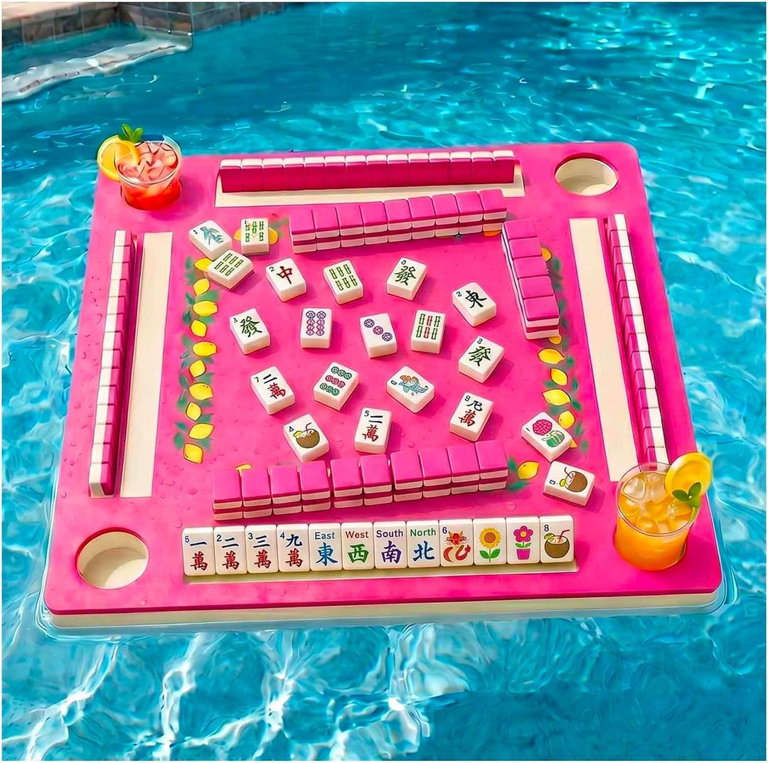 Floating Mahjong Table for Pool,32×32in Pool Float Game Board for Mahjong Poker Dominoes,Hot Tub Float Table with Tile Racks and Cup Holders for Adults,Summer Pool Party Accessories (Pink Lemon), 31.5 x 31.5 x 2.0 inches