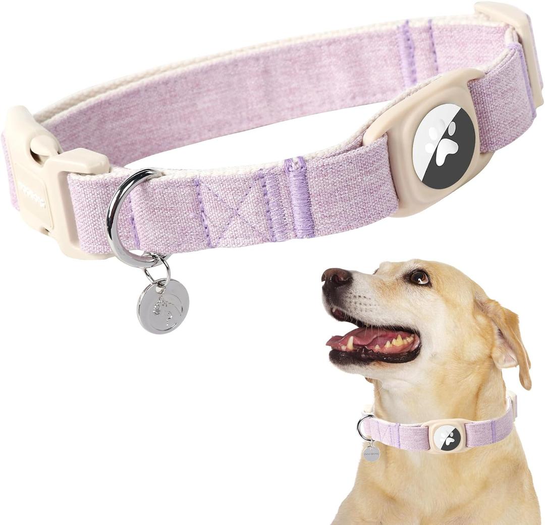 DOGWONG Airtag Cotton Hemp Dog Collar, Heavy-Duty Dog Collar with Airtag Holder Purple Collars Natural Fabric Cute Puppy Necklace for Dogs Size: Small