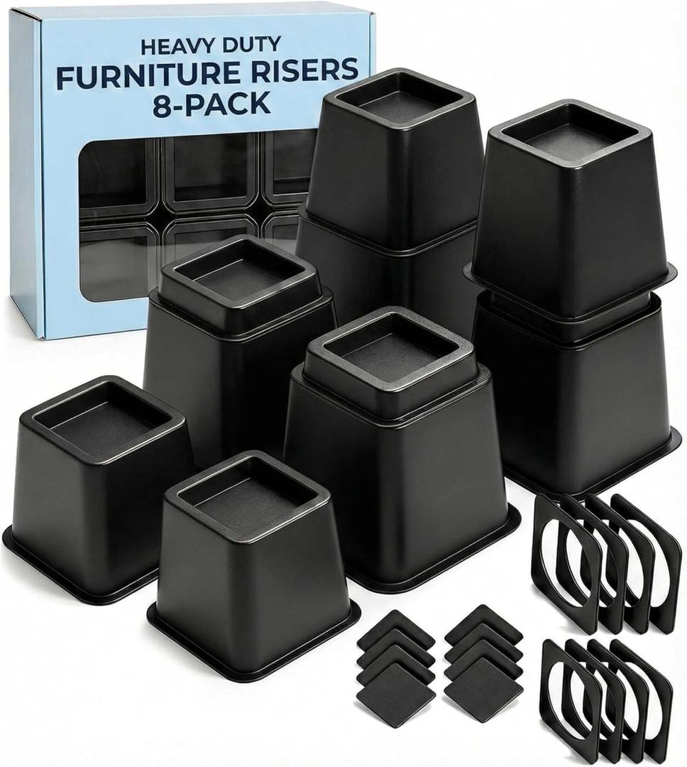 Bed Risers - Dorm Room Essentials - 3 & 5 Inch Adjustable Furniture Risers or 8 Inch Combined - Heavy Duty for Dorm Decor, Desks, Chairs - Under Bed Storage - Supports Up to 1,300 lbs (8 Pack, Black)
