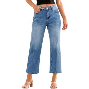 GRAPENT Jeans for Women Trendy High Waisted Loose Straight Leg Stretchy Denim Ankle Pants Cropped Jeans with Pockets (Blue), 12