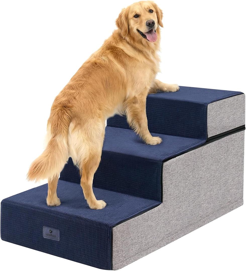 Veehoo 3 Steps Foam Dog Stairs for Large Dogs 18" H, 20" Extra Wide Dog Steps for Bed Couch with Support Board, Soft Non Slip Dogs Stairs Pet Ramp Ladder for Senior Elderly Pet, Support up to 110 lbs