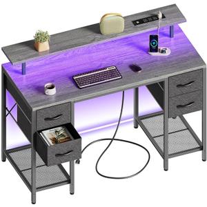 Huuger 47 inch Computer Desk with 4 Drawers, Gaming Desk with LED Lights & Power Outlets, Home Office Desk with Large Storage Space for Bedroom, Work from Home, Grey