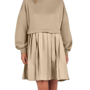 Women's Oversized Sweatshirt Dress, Long Sleeve Crewneck Pullover Tops Patchwork Pleated Pullover Mini Dress, Khaki 