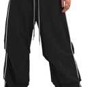 Bakyarder Womens Y2K Baggy Parachute Pants High Waist Wide Leg Casual Track Pants with Adjustable Drawstring Waist (X-Large, Black)