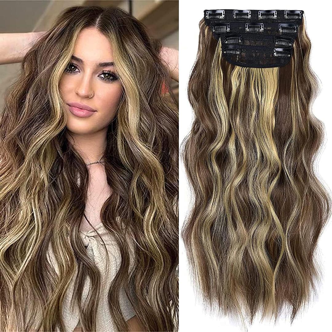 Clip in Synthetic Hair Extensions Long Wavy 4PCS Thick Hairpieces Blonde Highlighted Medium Brown Fiber Double Weft Natural Hair Extensions 20 Inch for Women (4pcs, 20Inch, 86H10#)