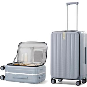 Hanke 24 Inch Checked Luggage Front Opening Rolling Suitcase Hard Sided Luggage with Spinner Wheels for Travel Woman Men.(Grey)