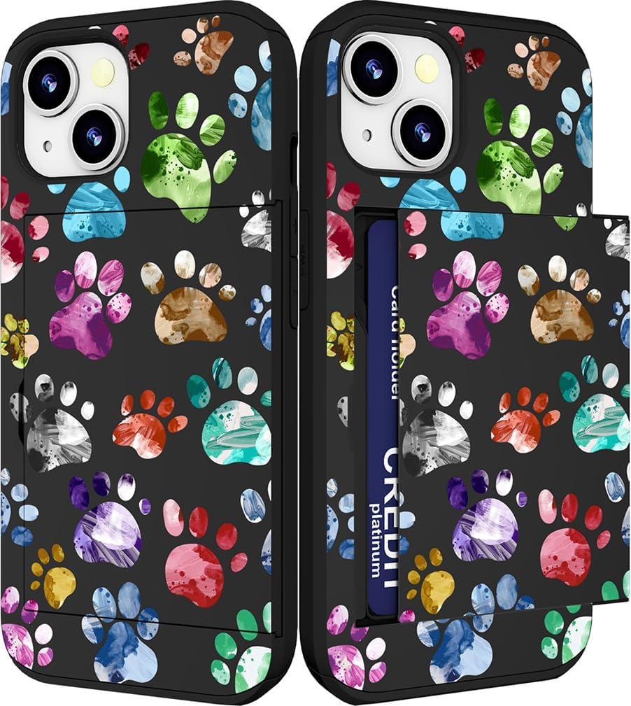 Compatible with iPhone 14/15 Plus Case Cute with Card Holder Slim Phone Wallet Cover for Women/Colorful Doodle Paws Dog Craws Footprints Animal Watercolor