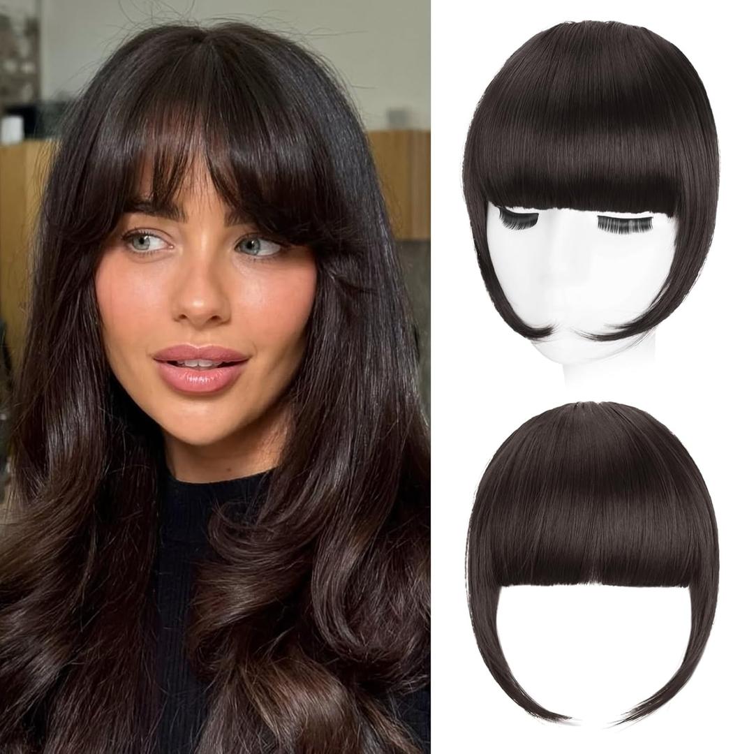 Clip in Bangs, Synthetic French Bangs Hair Clip, Dark Brown Fake Bangs Fringe with Temples Hairpieces for Women Natural Curved Hair Extensions for Daily Wear